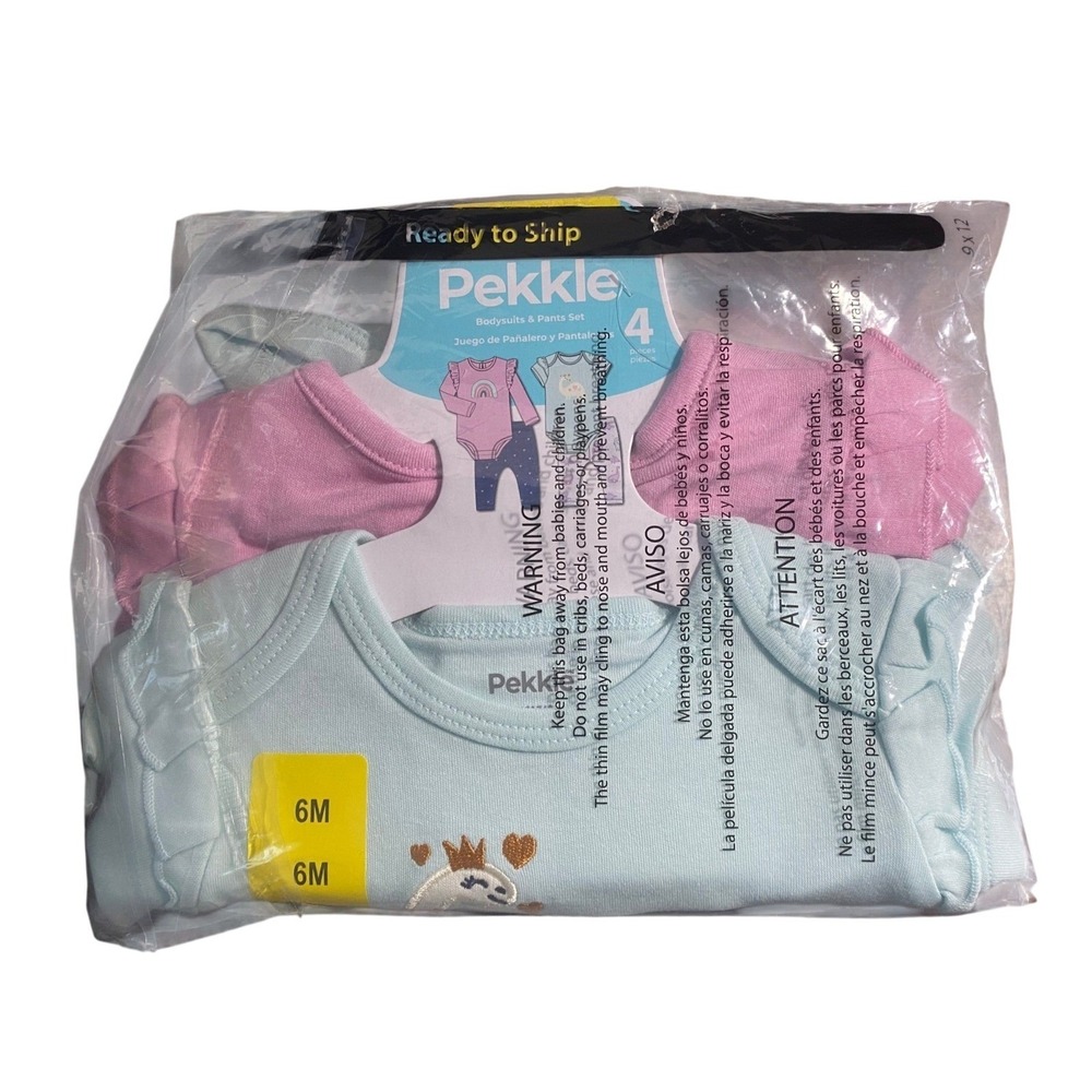 Pekkle Bodysuit and Pants Set Kids 6M Pink Mint New Rainbow Dinosaur 4pc Set - Picture 7 of 7